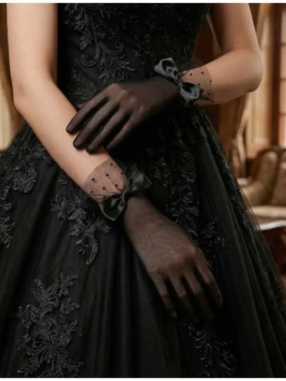 Women's Lace Gloves Bow Short Mitten Mesh Gloves for Wedding Tea Party Opera